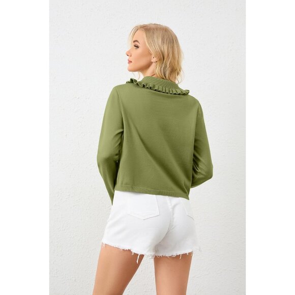 Women Cotton Blend Cropped Cardigan Ruffle Collar Button Long Sleeve Sweater - Picture 3 of 4